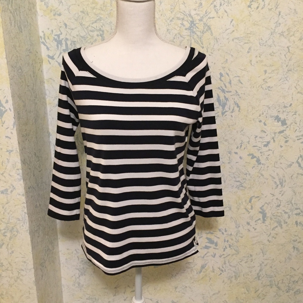 Talbots Black White Stripe 3/4 Sleeve Small Tee